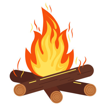 Campfire or bonfire icon vector illustration of burning bonfire with sparks, wood logs isolated on white background.