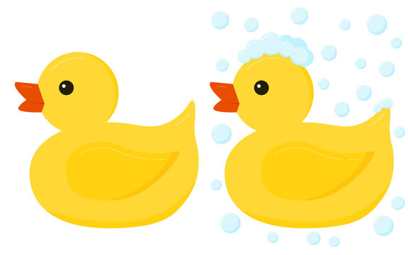 Yellow rubber duck toys for bath icon set isolated on white background.