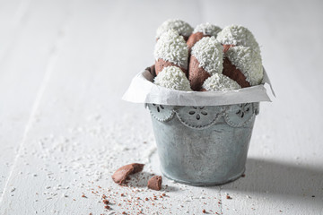 Homemade Madeleine chocolate cookies made of cocoa, sugar, and butter