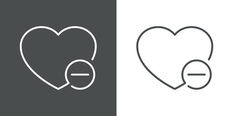 Icono lineal quitar favorito con corazón y símbolo menos en círculo en gris y blanco © teracreonte