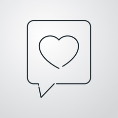 Icono lineal mensaje con corazón en burbuja habla forma cuadrada en fondo gris