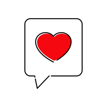 Icono lineal mensaje con coraz&oacute;n color rojo en burbuja habla forma cuadrada 