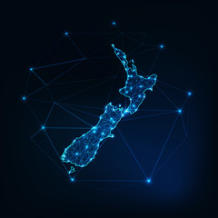 New Zealand map glowing silhouette outline made of stars lines dots triangles, low polygonal shapes.