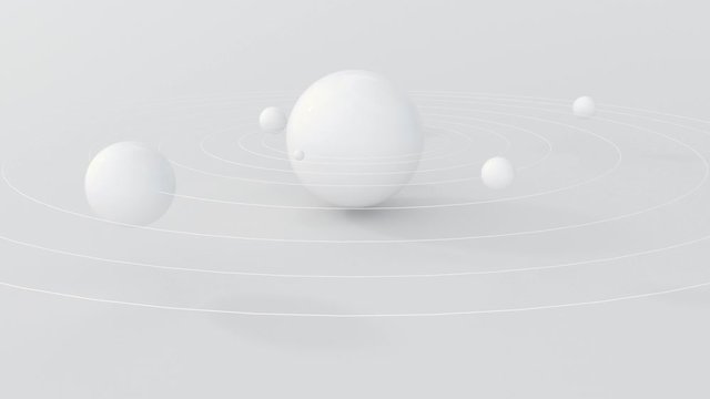 Abstract 3d render of solar system with white planet and trails. Space science concept. 4k animation.