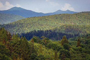 Bieszczady Mountains in Poland, view from tourist tower in Szczerbanowka village