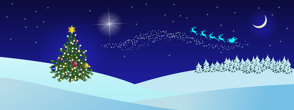 Winter night landscape with Christmas star in the sky, Santa, snow-covered forest and decorated fir tree.  illustration in cartoon style. Picture for your banner, postcard or party invitation.
