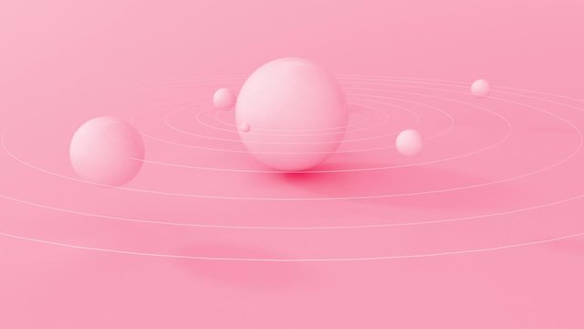 Abstract 3d render of solar system with pastel pink planet and trails. Space science concept. 4k animation.