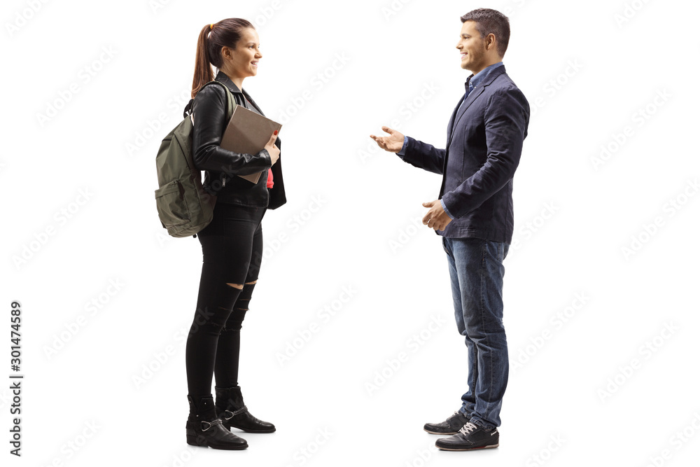 Poster Female student having a conversation with a young man