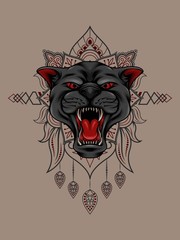 Panther head with strong teeth and mandala pattern as graphic resource for apparel, t-shirt, outerwear, And other merchandise