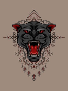 Panther head with strong teeth and mandala pattern as graphic resource for apparel, t-shirt, outerwear, And other merchandise