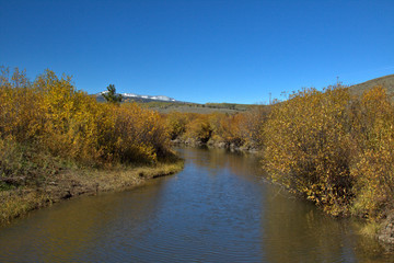 Mountain stream flowing between the fall colors along the stream with snow covered peaks in the background