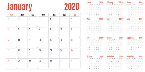 Calendar planner 2020 template vector illustration all 12 months week starts on Sunday and indicate weekends on Saturday and Sunday