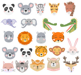 Fototapeta premium Zestaw uroczych zabawnych zwierząt z rogami jednorożca, Płaska konstrukcja w stylu skandynawskim.