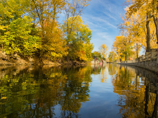 Fototapeta na wymiar Lachine canal taken near Paroisse Saints-Anges and Collège Sainte-Anne taken from Lac St Louis, Lachine, Quebec, Canada.