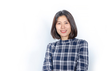 Portrait of a confident young woman standing isolated on white background.