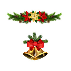 Christmas decorations with fir tree golden jingle bells