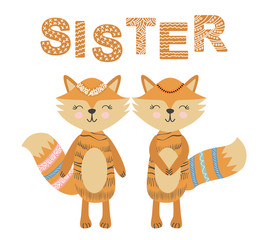 Sisters. A pair of Scandinavian foxes, children's print, poster, design