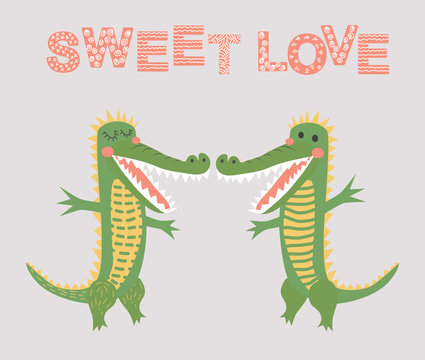 Sweet love. Scandinavian-style crocodile pair, kids print, poster, design