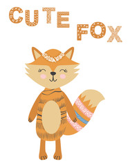 Scandinavian style poster for nursery. Cute fox illustration.