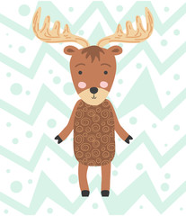 Cute moose flat. Forest fauna. Zoo mammal. Elk clipart. Postcard, kids book design element