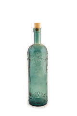 Vintage empty bottle of blue color with an ornament for wine.