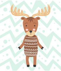 Cute moose flat. Forest fauna. Zoo mammal. Elk clipart. Postcard, kids book design element