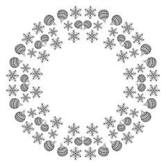 Round New Year ornament with snowflakes and balls in oriental style, mandala isolated on white background, vector illustration.