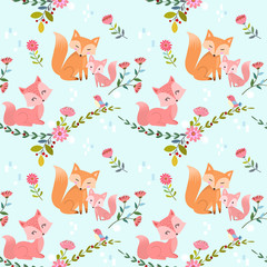 Seamless pattern with cute foxes and flowers vector design