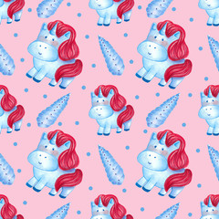 watercolor illustration Seamless pattern blue unicorn with red mane with blue horn on pink background
