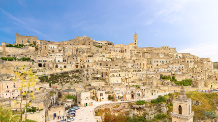 Fototapeta na wymiar Aerial panoramic view of historical centre Sasso Caveoso of old ancient town Sassi di Matera with rock cave houses, European Capital of Culture, UNESCO World Heritage Site, Basilicata, Southern Italy
