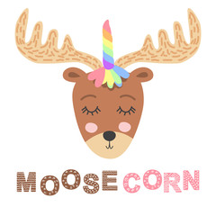 Elk unicorn. Scandinavian-style moose head with unicorn horn, kids print, poster, design