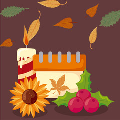 set of icons thanksgiving with autumn leaves of background