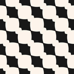 Vector monochrome geometric seamless pattern with curved shapes in diagonal grid