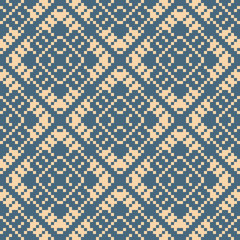 Geometric traditional folk ornament. Seamless pattern in blue and beige colors