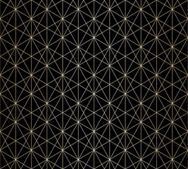 Golden lines pattern. Vector geometric seamless texture with delicate grid, lattice, net, thin diagonal lines, hexagons, triangles, rhombuses. Abstract black and gold graphic background. Repeat design