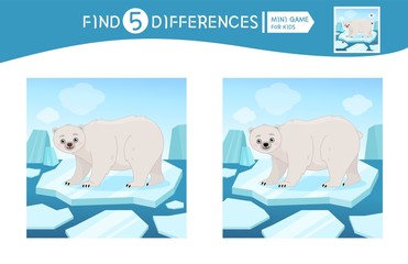 Find differences.  Educational game for children. Cartoon vector illustration of cute polar bear.