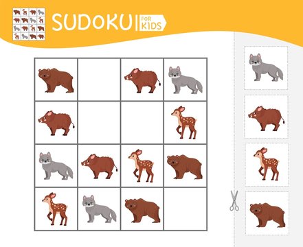 Sudoku game for children with pictures. Kids activity sheet.  Forest animals.