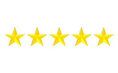 Quality stars rating. Customer review with gold star icon. 5 stars assessment of customer in flat style. Feedback concept. Quality rank. Appraisal, level rank. Positive review. vector isolated