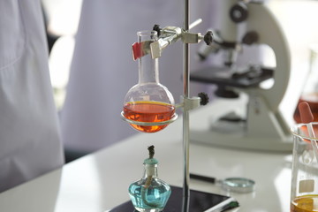 Equipment and science experiments,glass test tubes and flasks with colorful liquid 