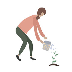 Cute girl watering plant. Young adult woman with bucket of water. Doing spring, summer garden job: planting, growing, transplant sprouts. Female character. Vector illustration. Flat cartoon style