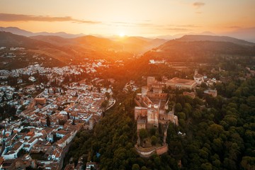 Granada Alhambra aerial view sunrise - obrazy, fototapety, plakaty