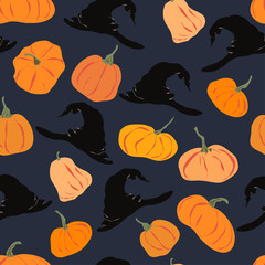 Cartoon pumpkin and witch hat seamless pattern. Halloween collection. Different shapes and sizes orange gourd. Colorful simple flat vector illustration isolated on blue