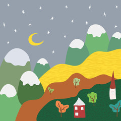 Nature landscape. Colorful vector illustration of natural,  rustic background. Flat cartoon style of night village or country. For poster, banner, card, brochure, cover