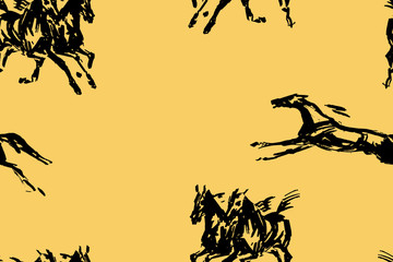 Seamless background, endless pattern for decoration.Hand drawings of galloping horses on a colored background, drawn with a dry brush 