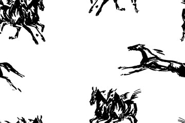 Seamless background, endless pattern for decoration.Hand drawings of galloping horses on a  white and transparent background, drawn with a dry brush 