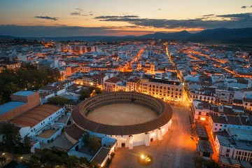 Plaza de Toros de Ronda aerial view night - obrazy, fototapety, plakaty