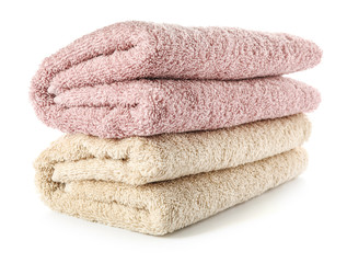 Fototapeta na wymiar Stack of clean towels on white background