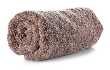 Rolled clean towel on white background