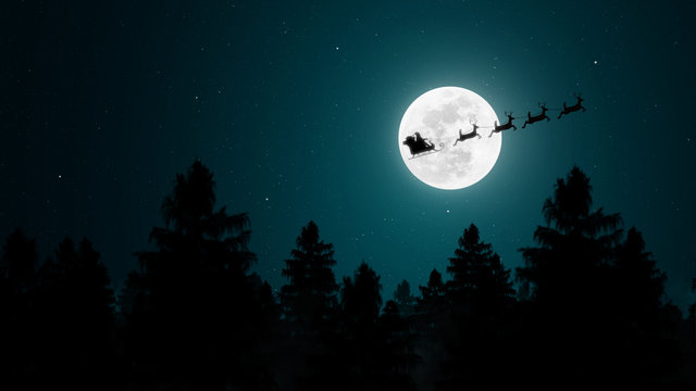 Santa Claus flying in his sleigh over the moon