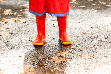 Cute little girl with gumboots on autumn day